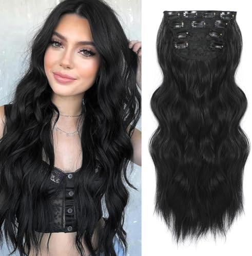 NAYOO Clip in Curly Hair Extensions 4PCS Long Wavy Synthetic Thick Hairpieces with Fiber Double Weft for Women Hair Full Head (24 Inch, Black)