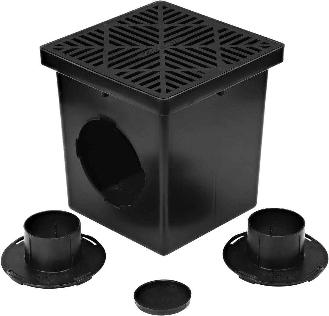 NDS 1200BKITRTL1PK Square Catch Basin Drain Kit with 2-Opening Catch Basin Drain, 2 Adapters, 1 Outlet Plug, and 1 Plastic Drain Grate, 12-Inch, for Lawns, Landscaped Areas, Black