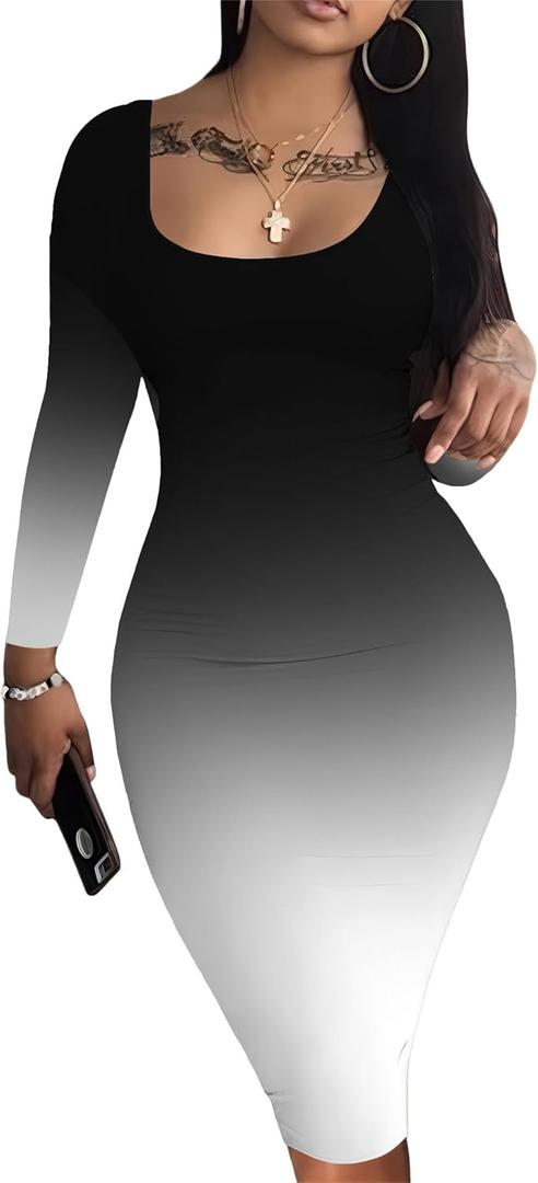 Nimsruc Womens Autumn Casual Sexy Long Sleeves Bodycon Dress Basic Pencil Midi Club Dresses (Large, 9008-black Gradient)