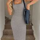 GORGLITTER Women's Striped Crochet Maxi Dress Gingham Square Neck Slit Bodycon Long Casual Wedding Guest Dresses (L)