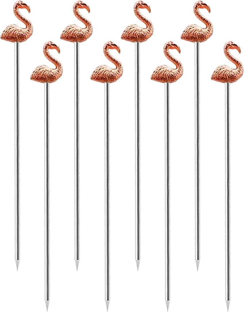 OGGI Flamingo Metal Cocktail Picks Stick 7 pcs - Martini Picks, Reusable Rose Gold Metal Cocktail Skewers, Martini Sticks for Olives, Appetizers, Tiki, Luau, 4.5" / 11.5cm