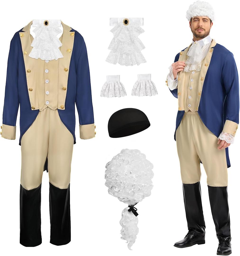 Adult Colonial Costume,Founding Father Costume,Blue Tailcoat Military with Wig