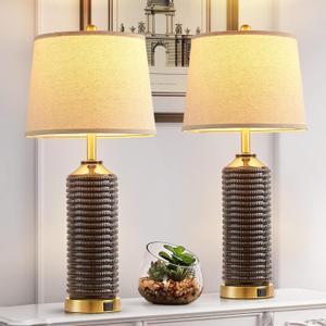 Farmhouse Table Lamps for Bedrooms Set of 2, 28" Ceramic Table Lamp for Living Room with Brown Finish, 3-Way Dimmable Touch Control Nightstand Lamp with Linen Drum Shade (Bulbs Included)