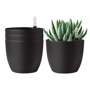 T4U 6 Inch Plastic Self Watering Planter with Water Level Indicator Black Set of 4, Modern Decorative Planter Pot for All House Plants, Flowers, Herbs, African Violets, Succulents