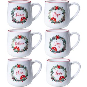 Christmas Ceramic Coffee Mug Set of 6, 16 OZ Holiday Porcelain Mugs, Wreath with Red Cardinal design With words Hope,Peace, Cheer, Joy, Love, Believe Cups for Xmas Gift Party Supplies