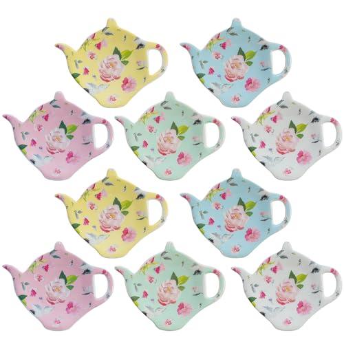 PRECITIME Porcelain Tea Bag Coasters, Floral Used Tea Bag Holder Ceramic, Set of 10 Tea Bag Plates Floral, Teaspoon Rest, Tea Bag Dish, Tea Party Gifts