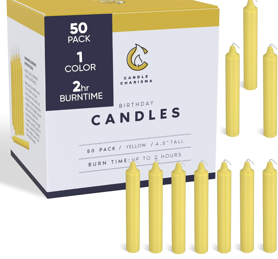 Candle Charisma 50 Yellow Spell Candles - 4" Unscented Paraffin Chime Candles, Smokeless & Dripless, Colored Candles, Long Burn Time 1/2 Inch Taper Candles for Rituals, Witchcraft and Parties