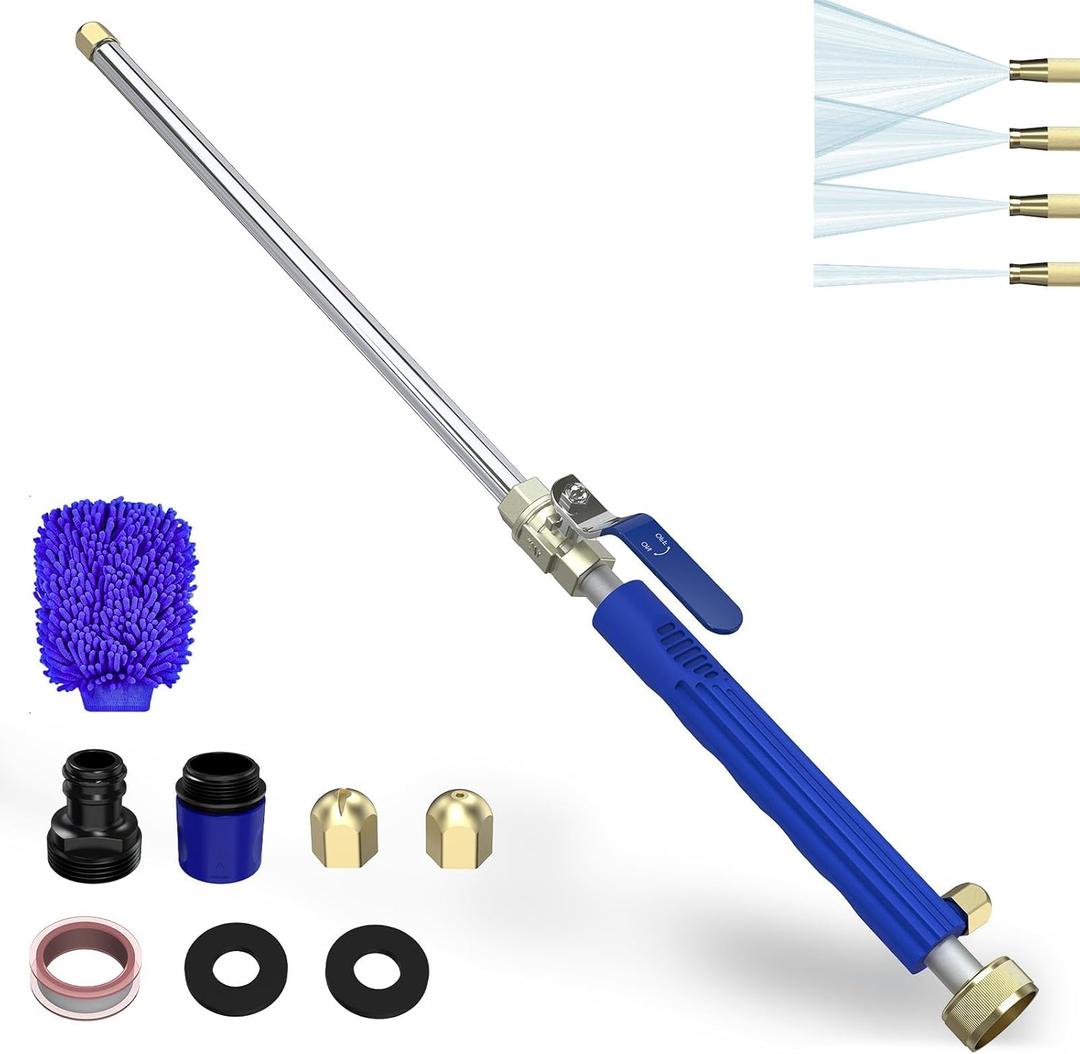 Buyplus Jet Nozzle High Pressure Hose Nozzle, 2-in-1 High Pressure Power Washer for House, Jet Nozzle for Garden Hose Power Washer Wand with 3 Different Tips, Quick Connectors and Gloves, 18 Inch Blue