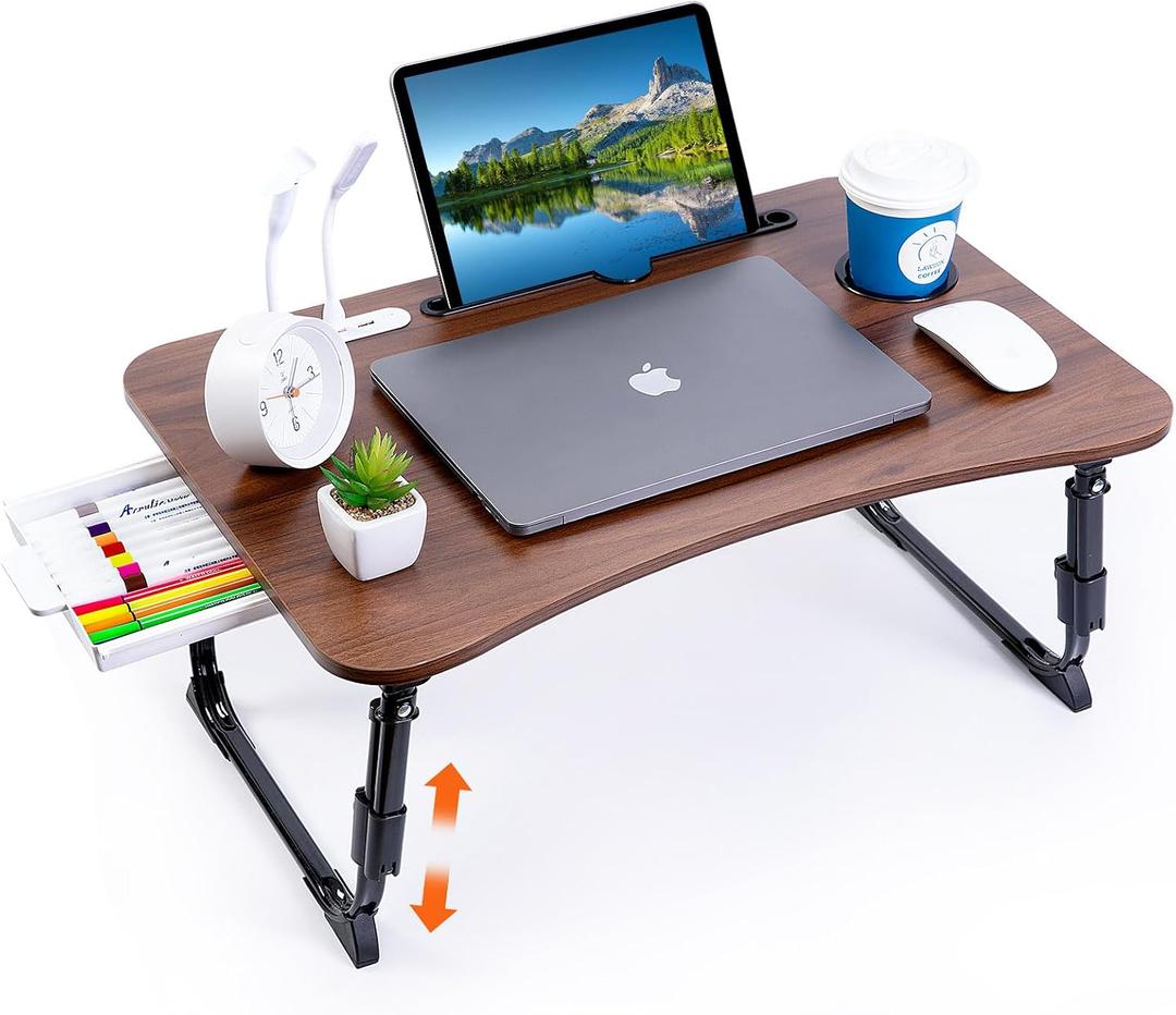 Laptop Desk for Bed, Height Adjustable Laptop Bed Table, Foldable Portable Lap Desk Stand with USB/Storage Drawer/Cup Holder/Slot, Breakfast Tray for Working Reading Writing Eating