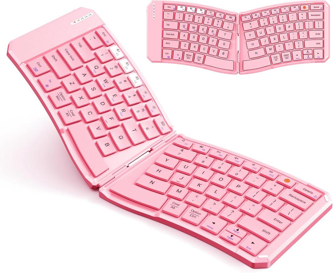 MEETION Ergonomic Foldable Bluetooth Keyboard, Split Compact Portable Keyboard for Business Travel, Ultra-Thin Folding Rechargeable Wireless Keyboards for iOS Android Windows Mac Tablet PC, Pink