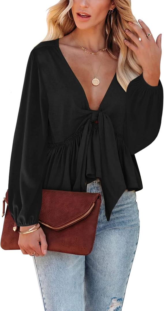 Fanway&EC Women's Long Sleeve V Neck Blouses Babydoll Tie Front Shirts Ruffle Hem Casual Crop Tops (Large, Black)