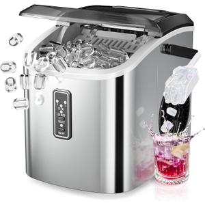 EUHOMY Ice Maker Countertop, 9 Cubes Ready in 6 Mins, 26lbs/24H, Self-Cleaning, Portable Ice Maker Machine with Carry Handle, Basket and Scoop, 2 Sizes of Bullet Ice for Home, Kitchen, Office (Silver)