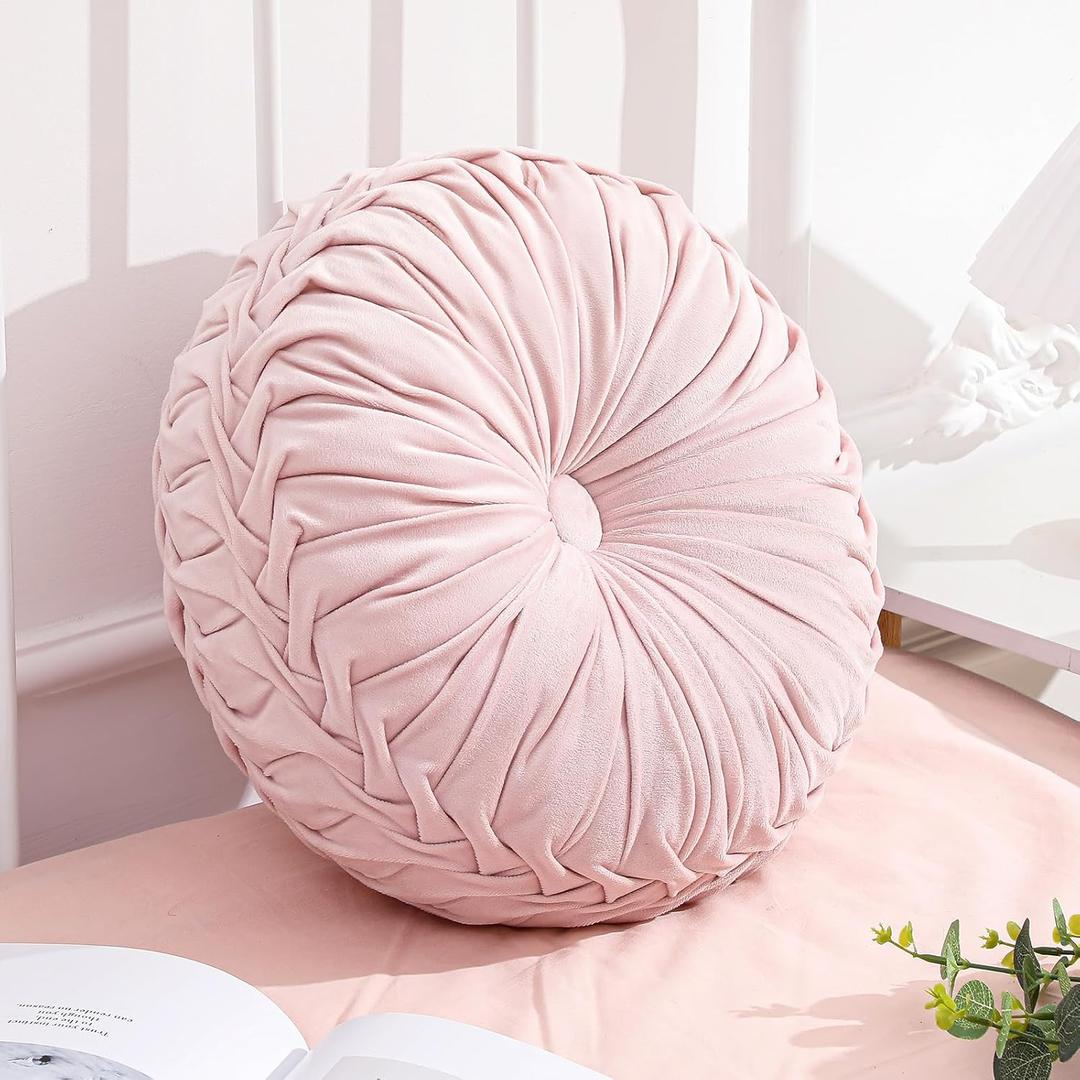 Drydiet 1 Pcs Round Throw Velvet Pillows Decorative Pleated Throw Pillows 15'' Diameter Accent Pumpkin Boho Chair Cushion for Couch Sofa Home Decoration (Pink)