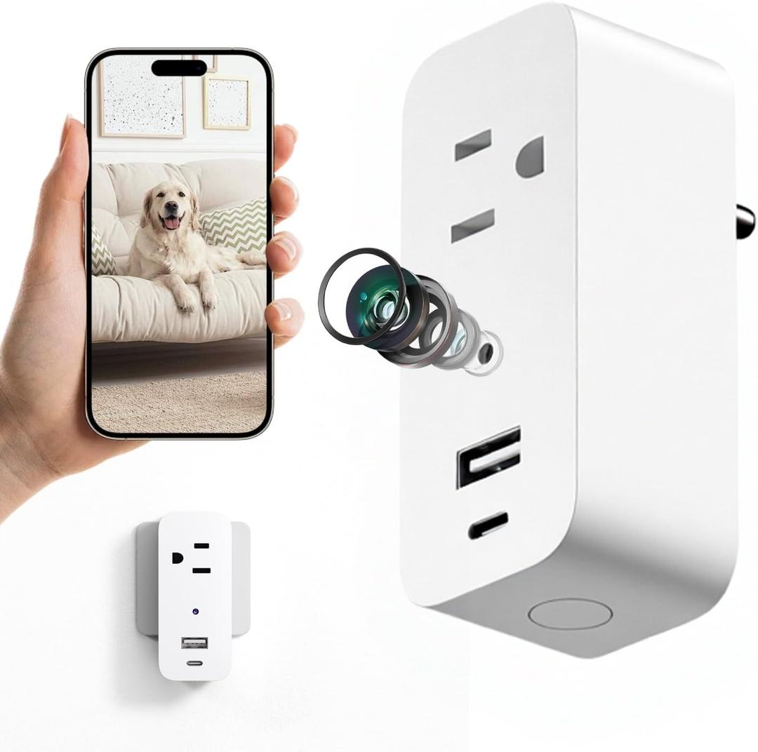 ULar Plug Security Camera, Mini 1080P FHD WiFi Cam with 3-Device Charging, Built-in 32GB SD Card, APP Remote Motion Detection, Wall Powered Wireless Multifunction Smart Cam (No Audio)