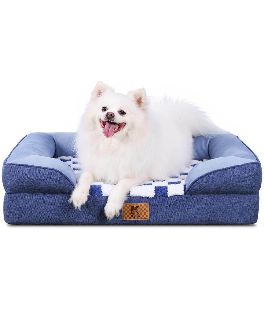 KSIIA Waterproof Dog Bed Orthopedic for Medium Senior Dog Couch with Sides, Extra Thick Supportive Pet Bed Sofa with Soft Plush Cover and Non-Slip Bottom, 36 x 27 Inch, Blue
