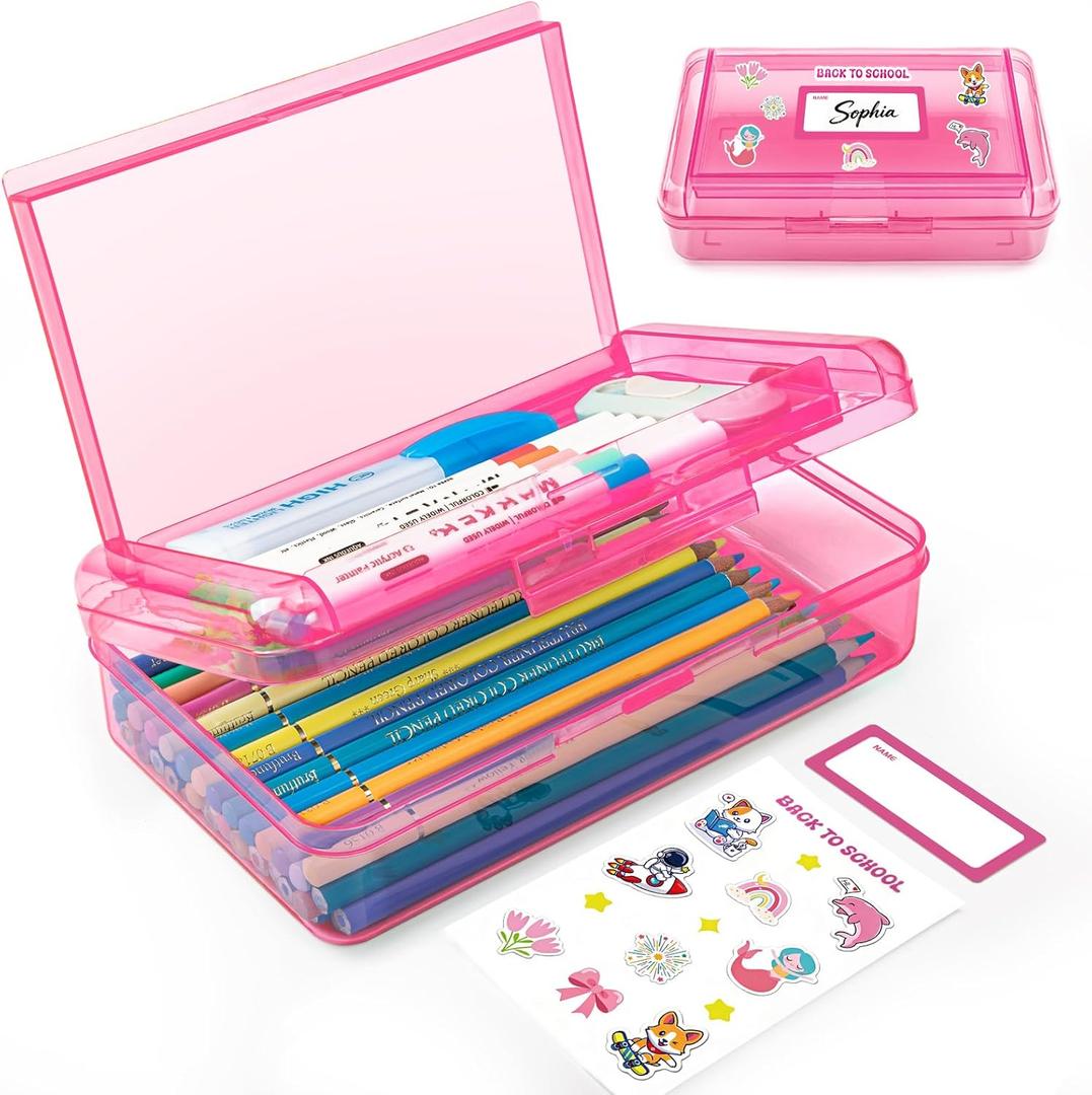 Double Layer Translucent Plastic Pencil Box,Hard Clear Pencil Case with Snap-Tight Lid for Pen, Pencils, School Office Supplies Marker Crayon Organizer Storage Box,Standard Size (Pink)