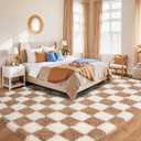 Pionblank 8x10 Area Rugs for Living Room, Fluffy Plush Checkered Rug for Bedroom, Shag Non Slip Soft Furry Large Carpet for Kids Room Nursery Home Decor, Beige and Cream White