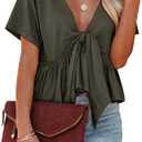 Fanway&EC Women's Short Sleeve V Neck Blouses Ruffle Hem Tie Front Crop Tops Lightweight Basic Summer Tops, XX-Large