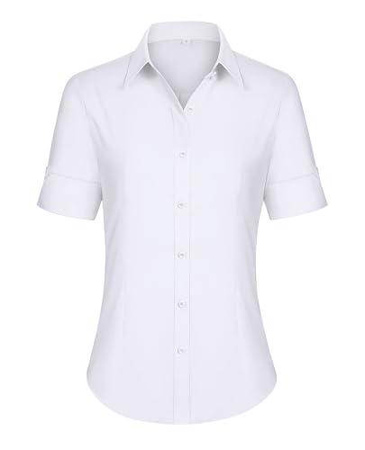 siliteelon Short Sleeve Button Dress Shirts for Women Cotton Button Down Shirts for Women Slim Fit Blouse Top 3/4 Sleeve White Size S