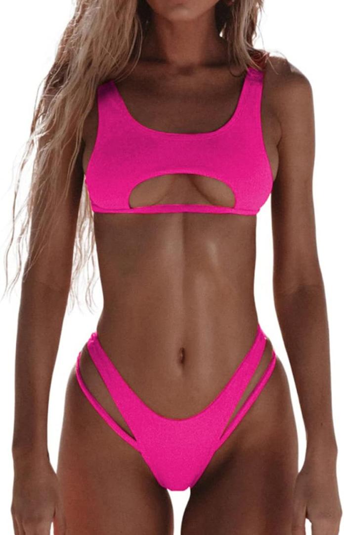 SherryDC Women's Sexy Scoop Neck Padded Cutout Strappy Thong Bikini Set Swimsuit (Large, Hot Pink)