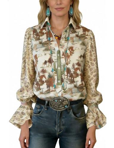 CHERRYBETTY Women's Boho Paisley Blouse Western Floral Print Top Ruffled Cuff Long Sleeve Button-Down Shirt L