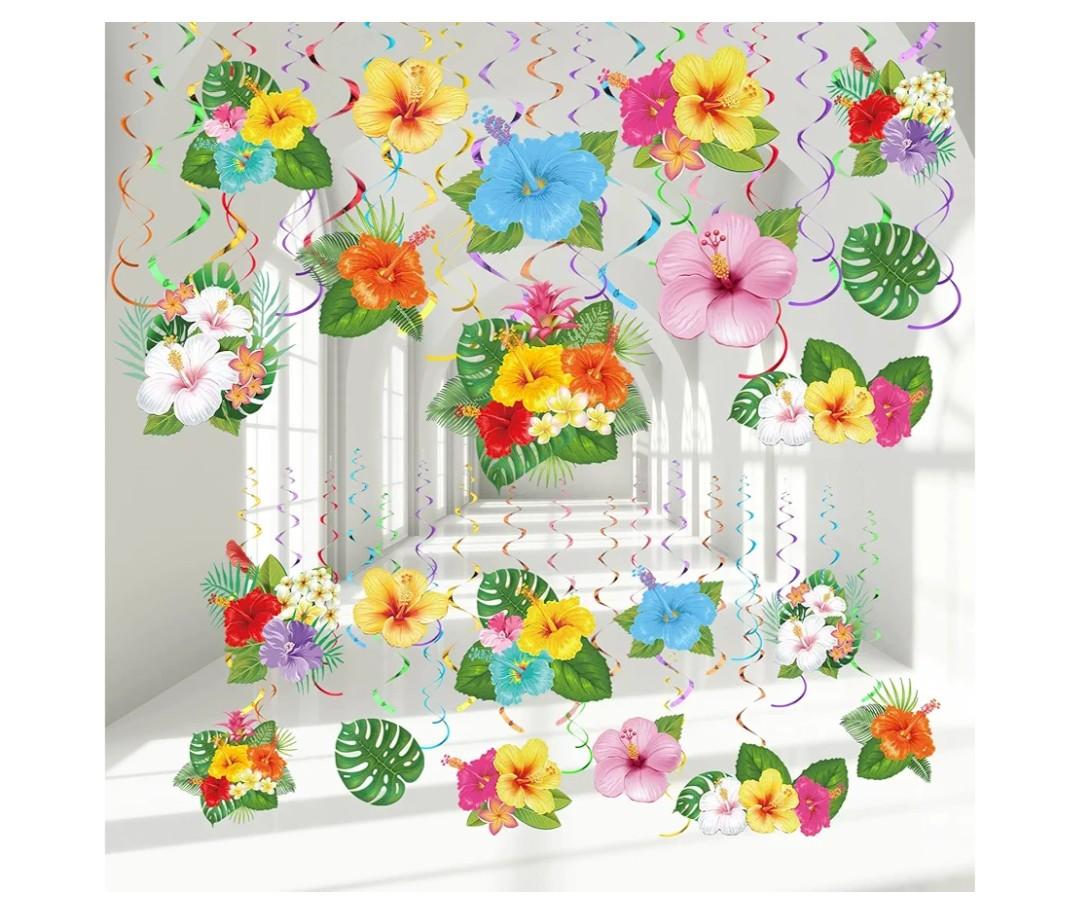 Outus 30 Pieces Hawaiian Luau Birthday Party Hanging Swirl Decorations, Flower Tropical Palm Flamingo Sign Foil Ceiling Decor for Floral Tropical Party Summer Beach Pool Tiki Supplies(Flower)