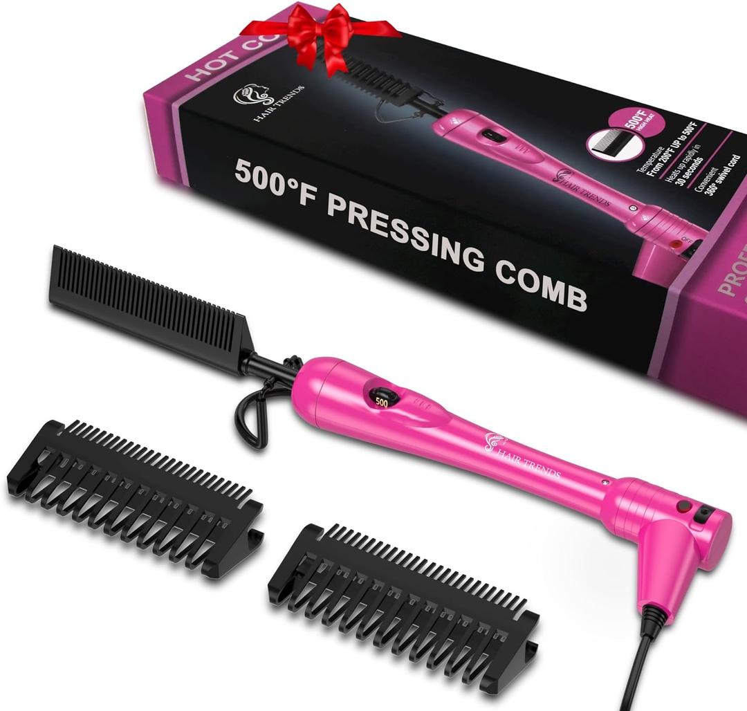 Mini Pink Hot Comb 500 Degree, Dual Voltage Electric Pressing Comb for Black Hair, Portable Ceramic Straightening Comb, Anti-Scald Plug in Hot Comb Straightener for Wigs, 4C Hair & Beard