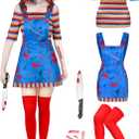 Xtinmee 5 Pcs Women Halloween Nightmare Killer Doll Deluxe Costume Rainbow Stripe Nice Guy Cosplay Movie Character Outfit, L
