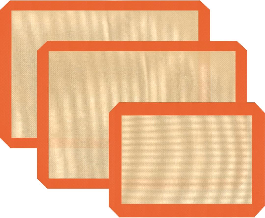 Silicone Baking Mat Set of 3, Silicone Baking Mats Cookie Sheet, Non-Stick Mats for Baking, Easy Clean & Reusable Oven Baking Sheet for Making Macaroons, Cookies (3 Pcs (2 Half & 1 Quarter Sheets), Orange)
