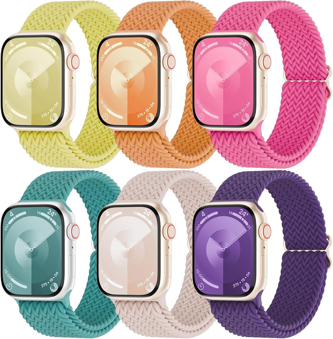 6 Pack Braided Stretch Solo Loop Bands Compatible with Apple Watch 38mm 40mm 41mm 42mm Women Men, Adjustable Nylon Elastics Strap for iWatch Series 10/9/8/7/6/5/4/3/2/1 Ultra SE