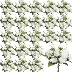 Peonies Artificial Flowers, 24 Bundles Silk Fake Peonies Faux Peony Arrangements for Spring Summer Wedding Bouquet Home Bridal Baby Shower Party Event Centerpieces Vase Office(White)