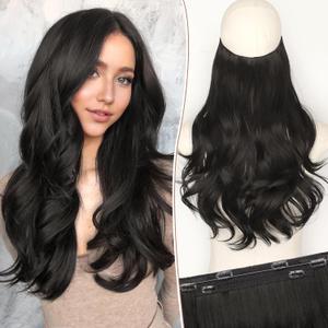 KooKaStyle Invisible Wire Hair Extensions with Transparent Wire Adjustable Size 6 Secure Clips Long Wavy Layered Synthetic Hair Extensions Natural Black 16 Inch