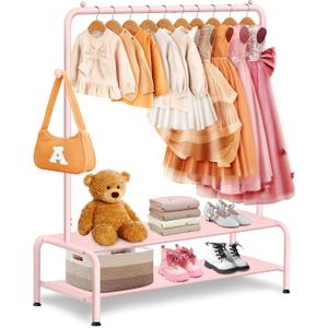 mirolam Kids Clothing Rack - Dress Up Storage - Dress Up Rack for Little Girls - Small Kids Costume Wardrobe with 2 Fabric Shelves - Princess Room Bedroom Decor (Pink)