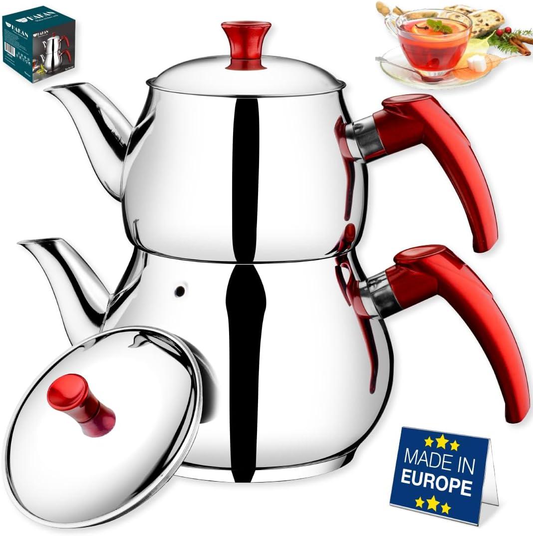 Hakan Teapot Set 107 Oz with Self Strainer Double Lids, Stainless Steel Maxi Double Bondy Tea Pot Set 3.2 L, 3.3-Quart, Turkish Samovar Style, Tea Kettle for Loose Leaf Tea with Red Bakelite Handle