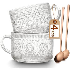 Vintage Coffee Mugs Set of 2, 14 oz Embossed Glass Cups with Handle, Clear Cups for Cappuccino, Latte, Cereal, Yogurt, Milk, Hot or Cold Beverages