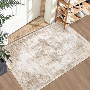 Area Rug 2x3 Washable Rug, Vintage Boho Medallion Entryway Rug Non-Slip Soft Low Pile Small Distressed Floor Carpet Retro Doormat for Kitchen Bedroom Laundry Bathroom Hallway (Brown, 2'x3')