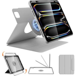 nimin Rotatable Case for iPad Pro 13 inch 2024 (M4),Detachable Magnetic Design,360° Rotating,Adjustable Stand,Pen Holder,Auto Sleep/Wake,Light Grey