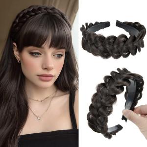 CJL HAIR Wide Braided Headbands Hair Piece for Women Synthetic Hair Hoops Head Bands with Teeth Handmade Braid Hairband Accessories Dark Brown 1PC
