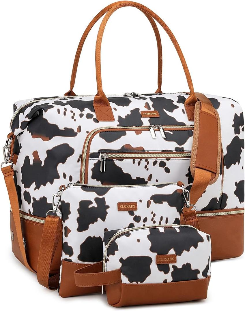 CLOKARS Weekender Bags for Women, Travel Duffle Bag Carry On Overnight Bag with Cosmetics Bag and Crossbody Purse for Gym Hospital, Gifts for Women, Cow Print Brown