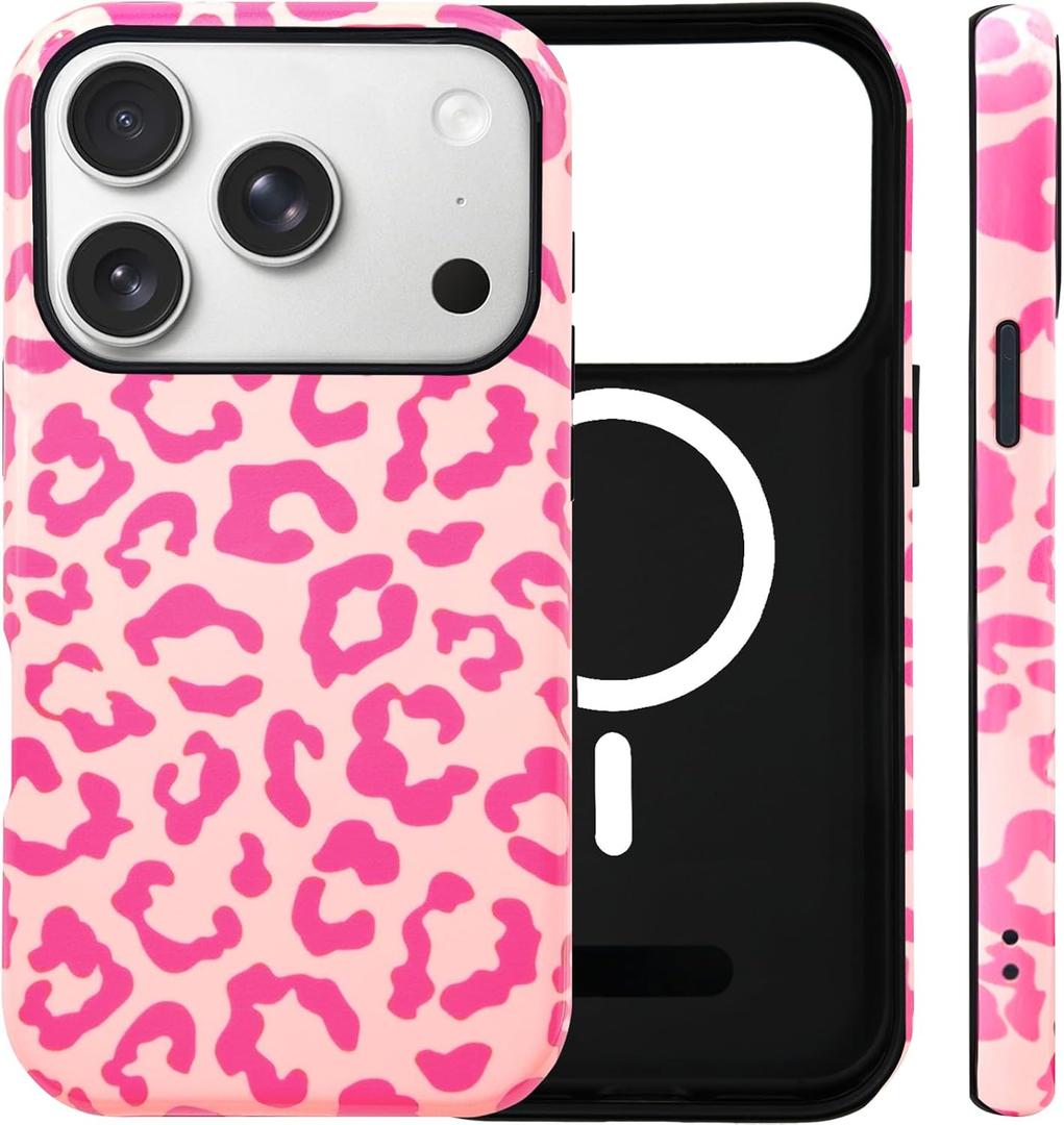 for iPhone 17 Pro Case Cute Cheetah Print Phone Case Compatible with MagSafe, Dual-Layer Shock Protection(Hard PC + Silicone) - Aesthetic Protective Phone Cover for Women Girl, Pink