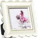 Wavy 4x4 Picture Frame White with Gold Beaded Trim, Resin Frame with Real Glass, Vertical and Horizontal Desk Tabletop or Wall Hanging