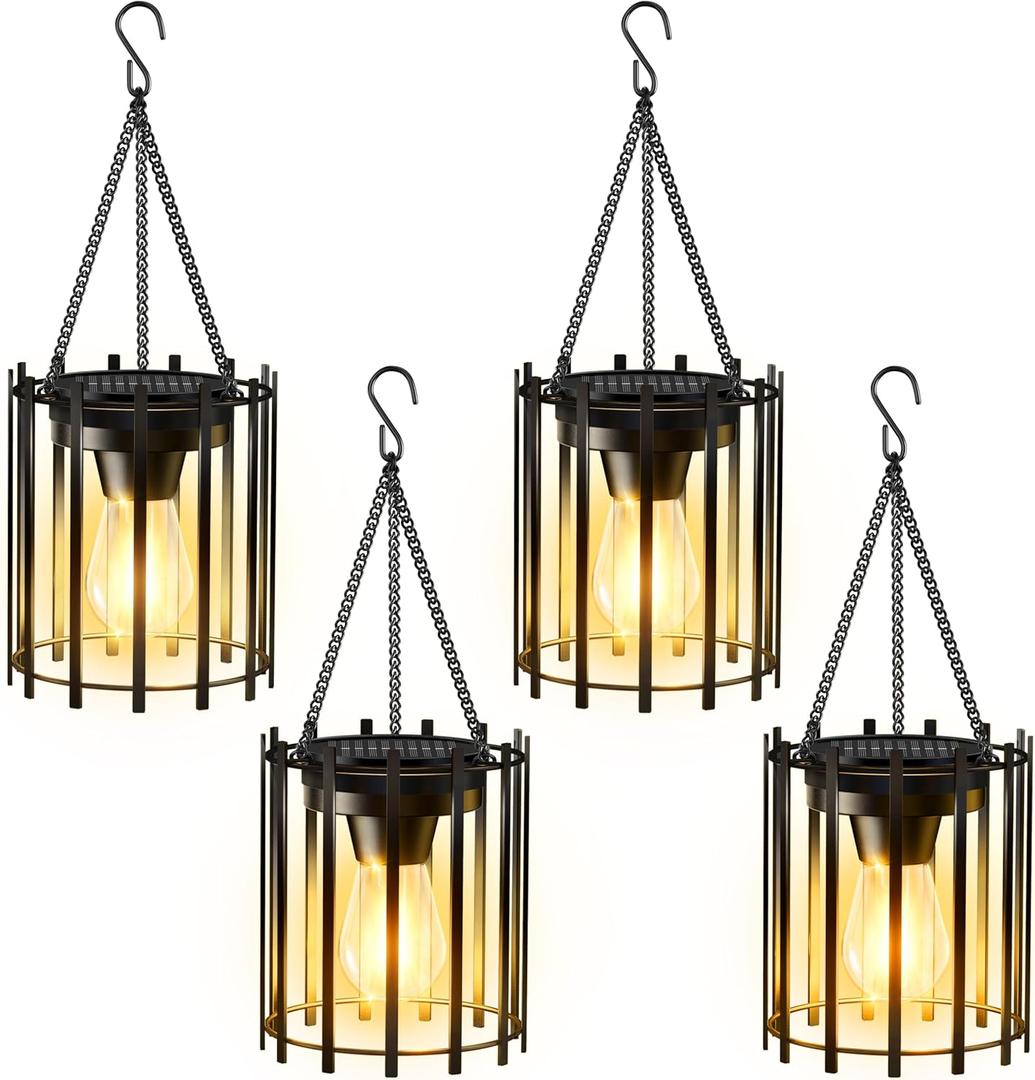 KOOPER Solar Lanterns Outdoor Waterproof, 4 Pack Upgraded Bright Hanging Solar Lights Outdoor Lanterns Decorative, Auto ON/Off Metal Hanging Lantern Lights for Pathway Yard Patio Garden Decor