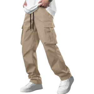 Comdecevis Men's Casual Cargo Pants Workout Joggers Stretch Sweatpants Hiking Drawstring Tactical Pants with Multi Pockets (3X-Large, Dark Khaki)