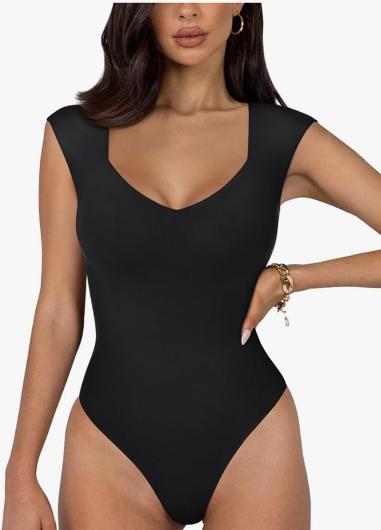 REORIA Butsmooth® Women's Trendy Sexy Casual V Neck Double Lined Sleeveless Slimming Going Out Tank Top Bodysuits, S