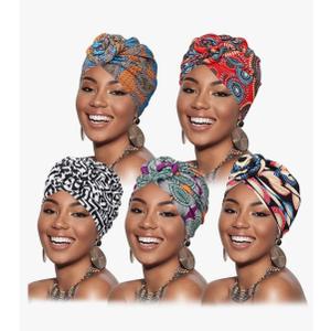 DRESHOW 5 Pack Knotted Headwraps for Women African Turban Pre-Knotted Beanie Headwraps Hair Covers