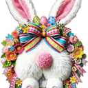 Easter Decoration Wooden Door Wreath for Front Door Sign Cute Bunny Wooden Door Hanger Rabbit Spring Decoration, Cute Bunny Flower Egg Welcome Hanging Sign for Outdoor Indoor Home Wall Decor