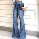 Pantete Womens High Waisted Bell Bottom Jeans Denim High Rise Flare Jean Pants with Wide Leg and Belt (Blue) Large