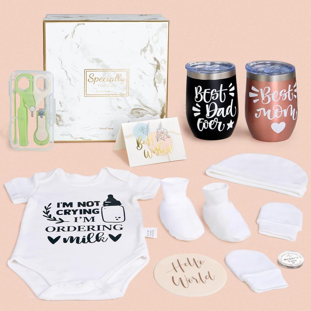 10Pcs Gender Reveal Gift, Baby Shower Gift Basket for New Parents to Be & First Time Expecting Parent Mom and Dad. Newborn Essentials Box, Pregnancy Announcement Gift Ideas
