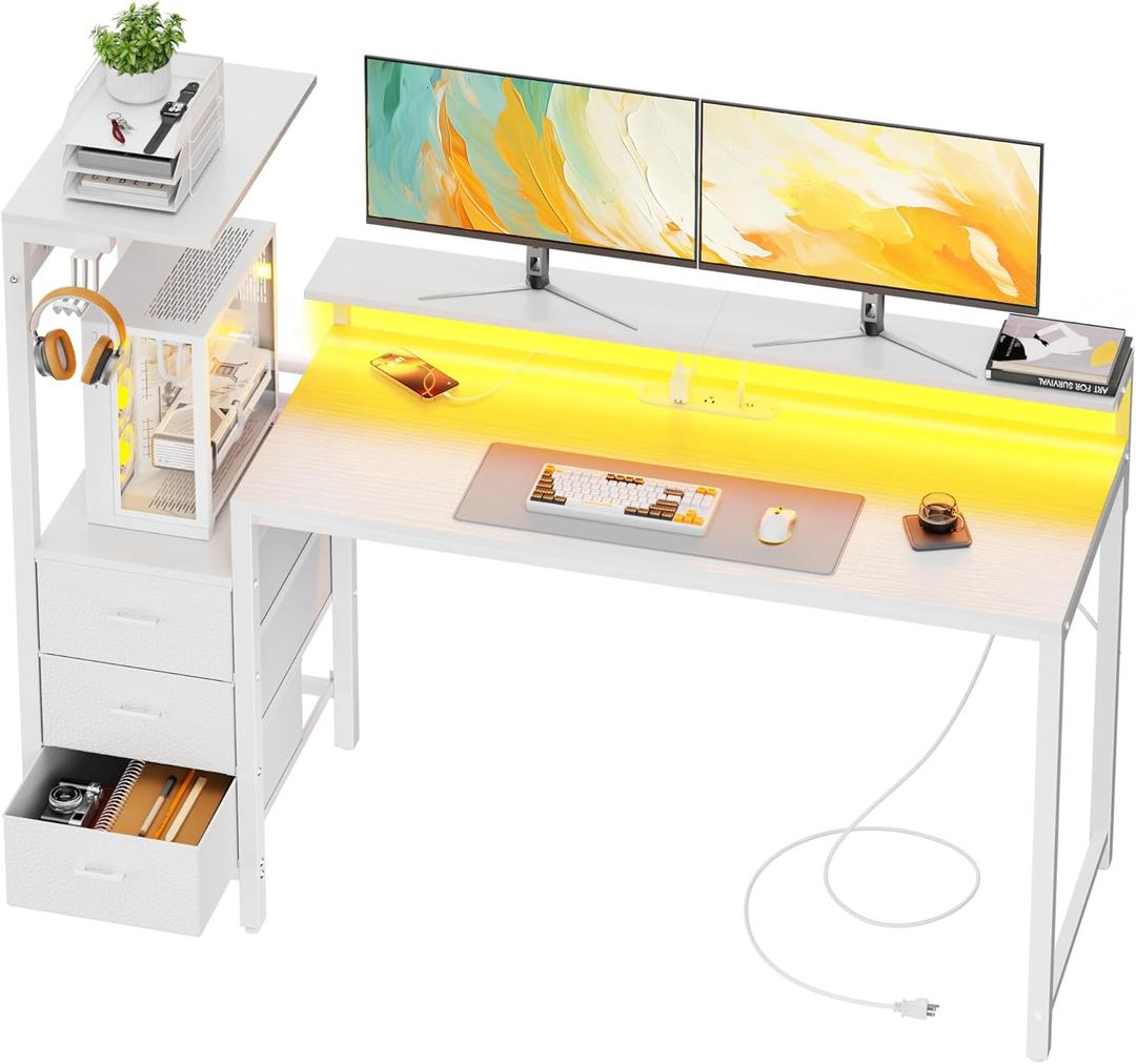 HLDIRECT 60 Inch Gaming Desk with Power Outlets & LED Lights, White