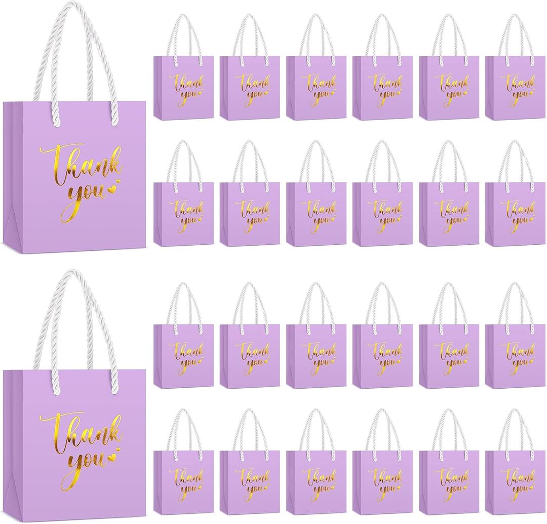 Honoson 30 Pcs Mini Gift Bag with Handle 4 x 2.75 x 4.5'' Small Thank You Bag Foil Paper Tote for Christmas Wedding Baby Shower Birthday Graduation Party Favor Supplies(Light Purple)